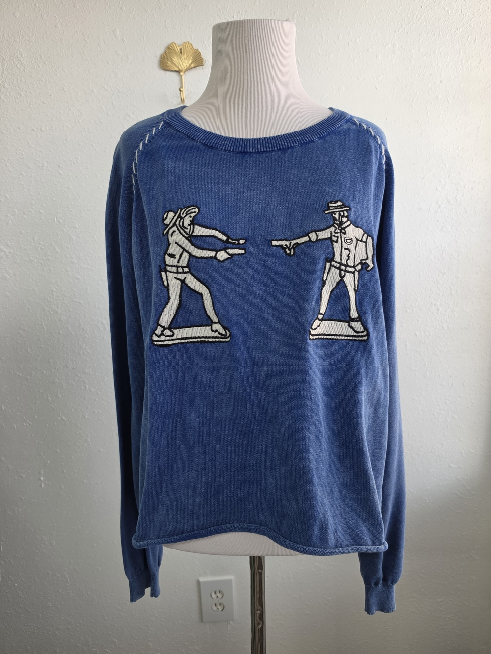 2 Fly Co S/M Blue Western Cowboy Cowgirl Graphic Cotton Sweater Rodeo